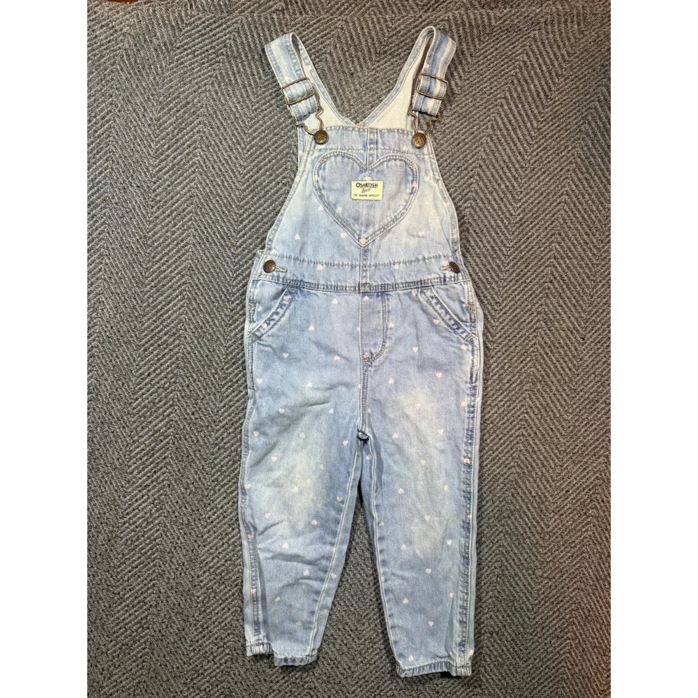 Vintage Oshkosh B'Gosh Denim Heart Print Overalls Girls Size 3T Light Wash